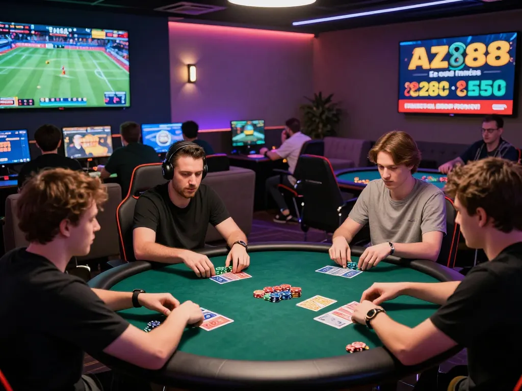 AZ888 gaming lounge with players at live poker table and screens displaying promotions.