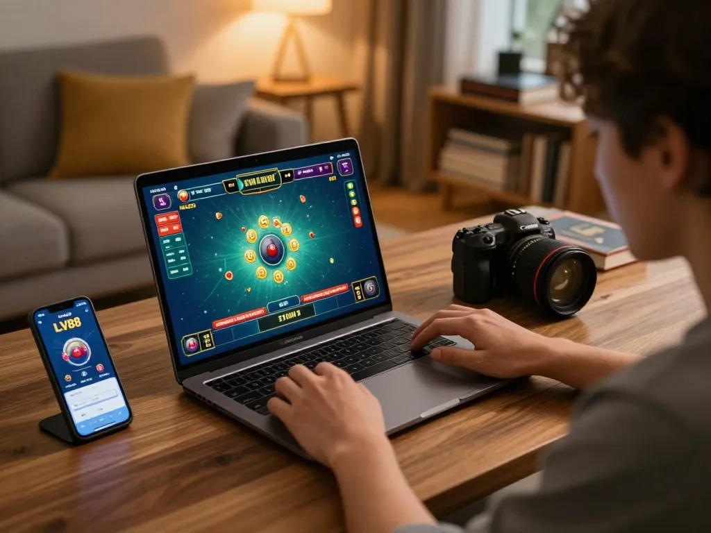 Person immersed in LV88 online casino gameplay strategizing on laptop at home.