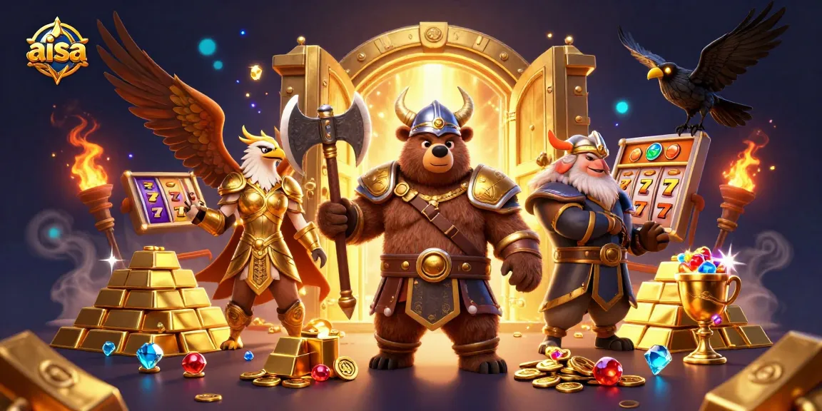Engage in thrilling gameplay at aisa with a Viking berserker bear and Valkyrie eagle surrounded by golden treasures.