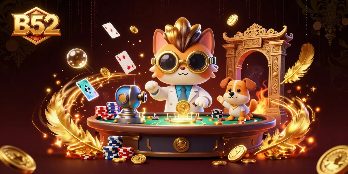 Engage with B52's thrilling casino adventures through an illustrated scene of a mad scientist cat creating wealth.