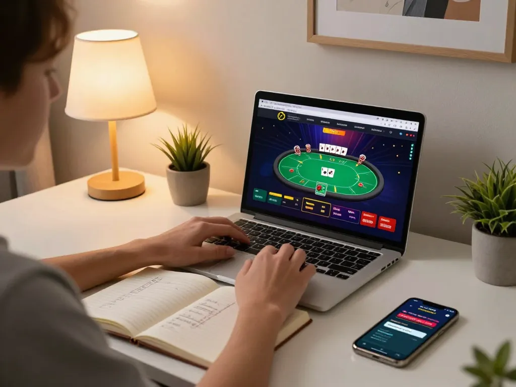 Engaging online casino moment with dafabet on laptop, showing poker gameplay and strategy notes.