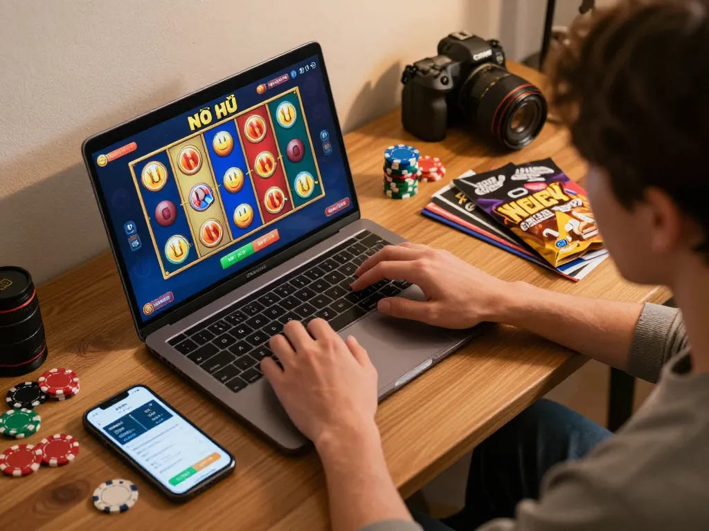 Nổ Hũ gameplay on a laptop, showing colorful reels, with snacks and betting apps around.