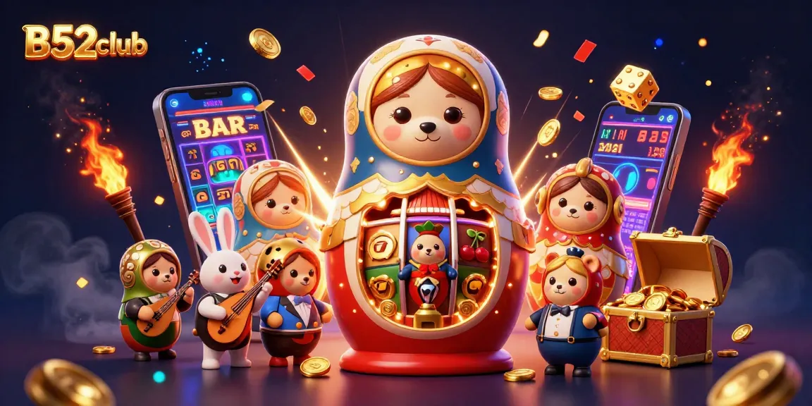 B52club casino illustration depicting a vibrant slot machine and playful characters, enriching the betting experience.
