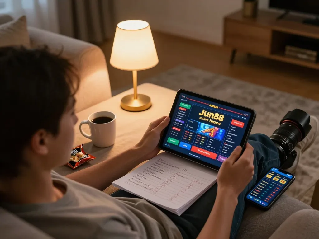 Person enjoying online gaming at Jun88 on a tablet at home, showcasing strategic betting notes.