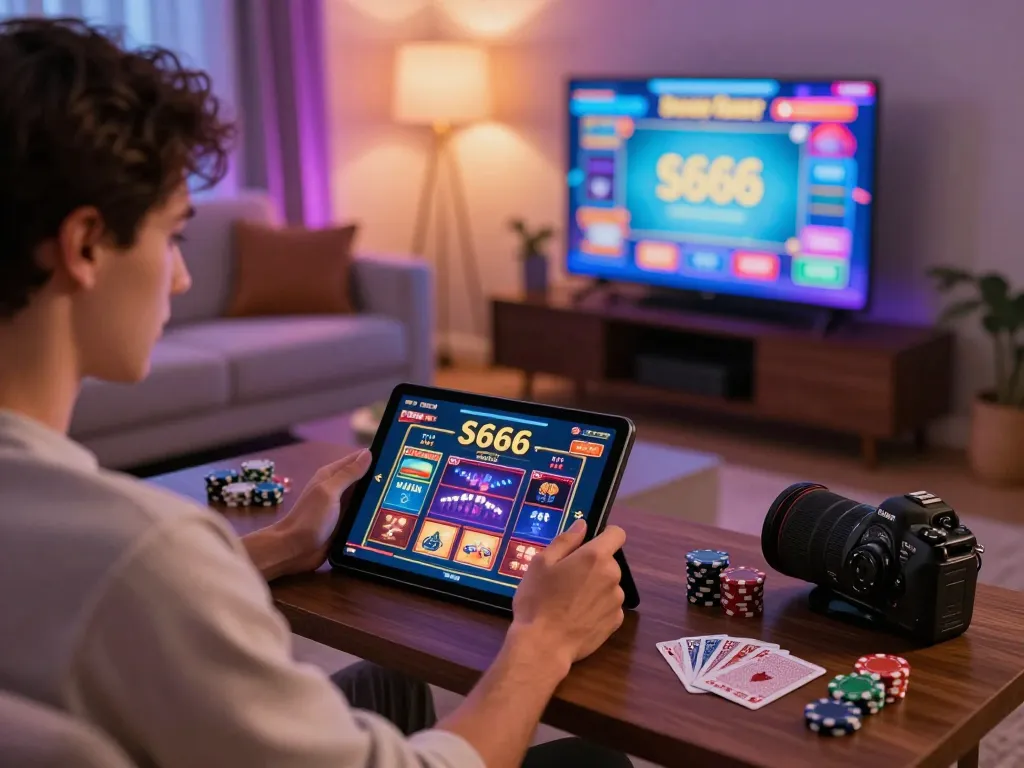 Enthusiastic player engaging with S666 online casino gaming setup in a cozy living room.