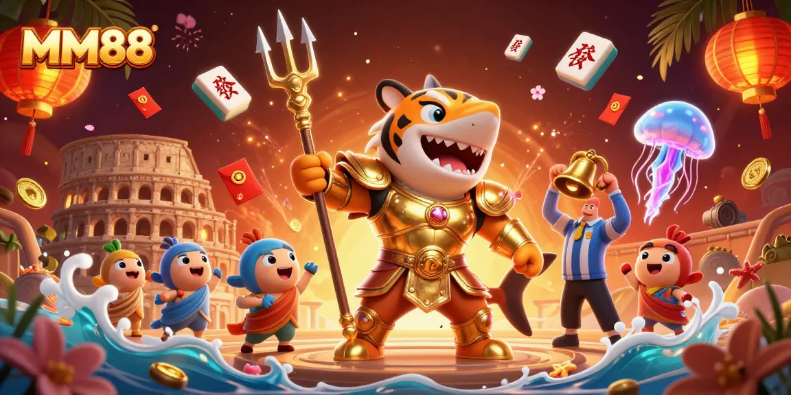 Engage with MM88's vibrant casino scene, where a fearless tiger shark battles in a lively underwater arena.