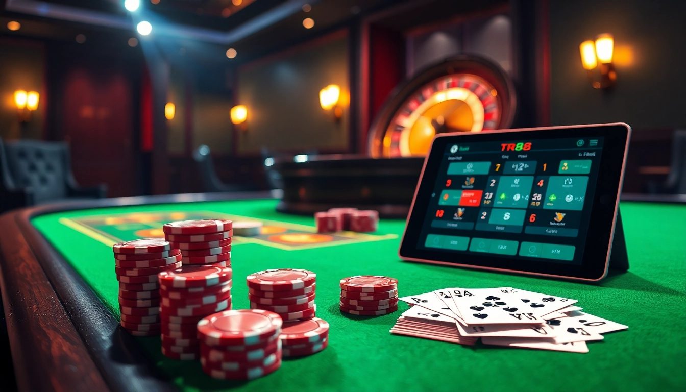 Exciting gambling scene at TR88 with poker chips and a vibrant casino atmosphere