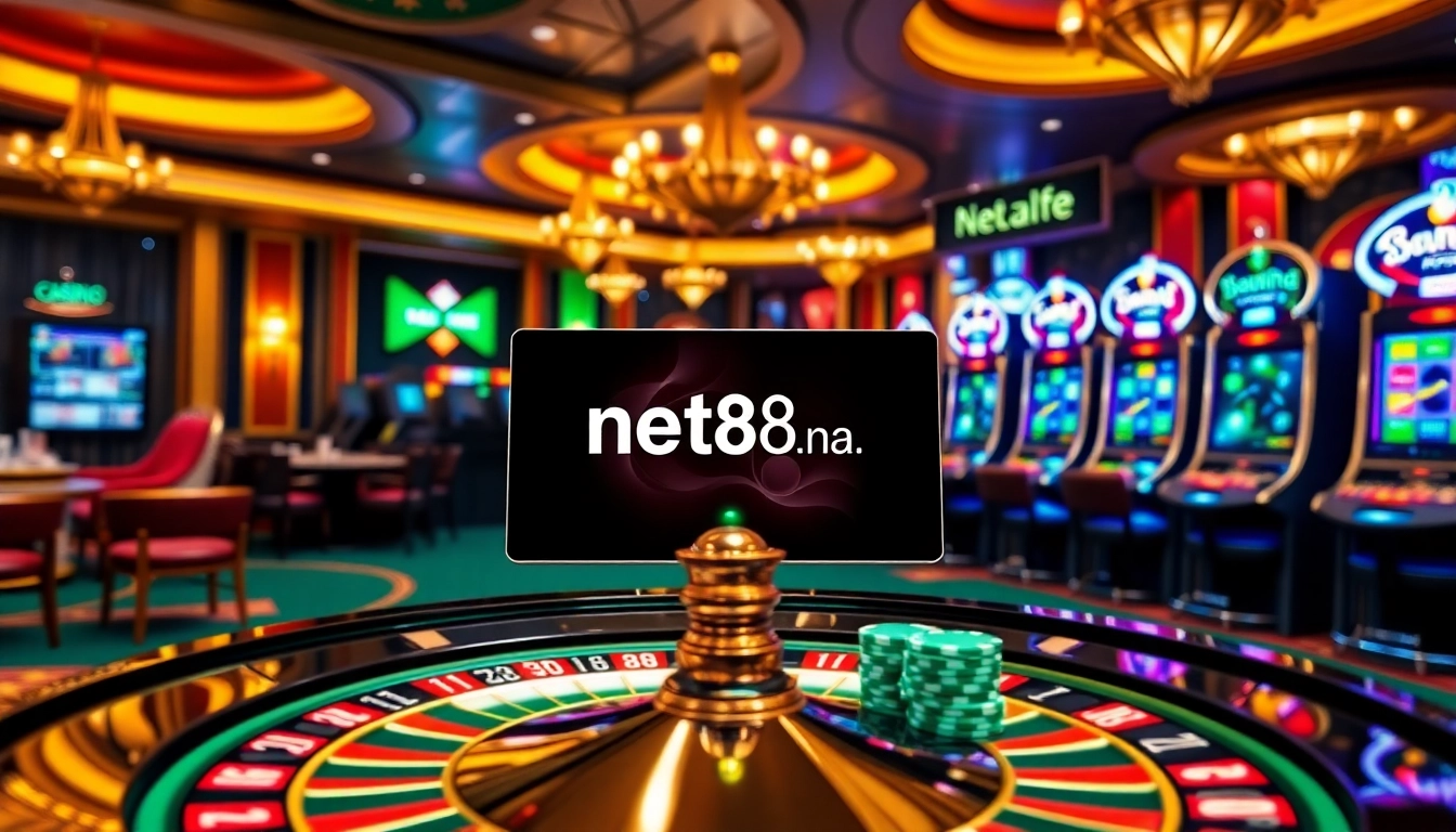 Engaging with online gambling at https://net88na.com featuring casino tables, cards, and vibrant slot machines.