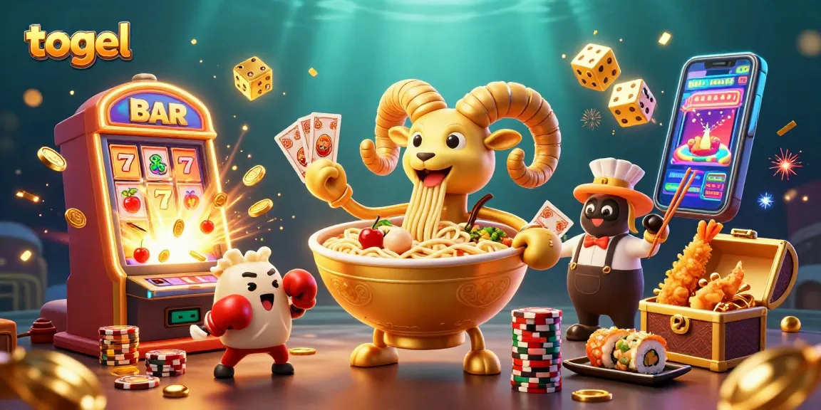 Engage with exciting togel action featuring a giant ramen bowl dealer amidst vibrant casino elements.
