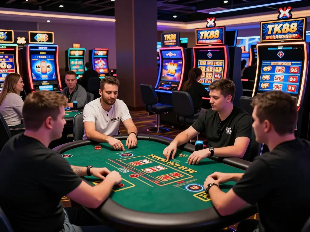 Players enjoying diverse games at TK88 online casino, showcasing excitement and wins in a modern gaming environment.