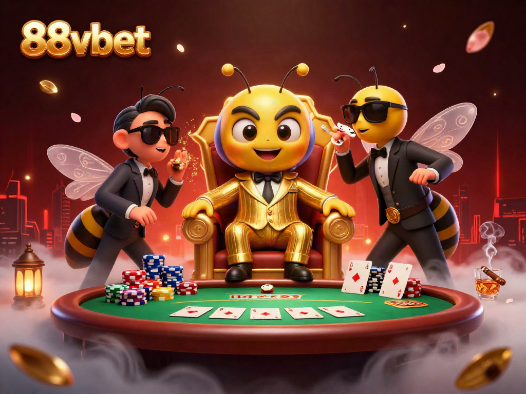 Engage with 88vbet's thrilling casino atmosphere featuring a bee mob boss at a dynamic poker game.