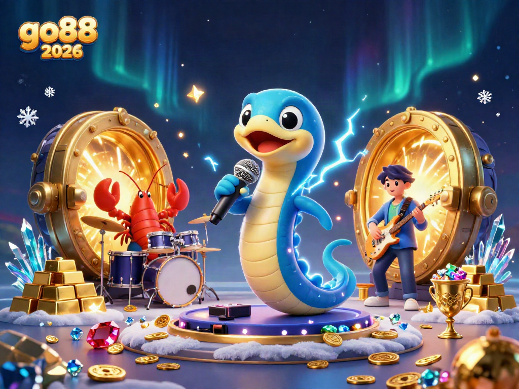 Experience the vibrant world of go88 2026 with a DJ electric eel and a colorful underwater casino scene.