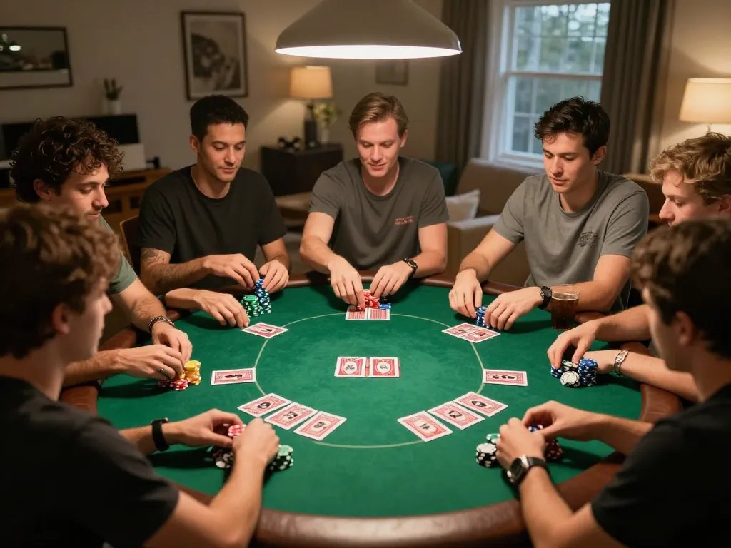 Sky88 home poker night showcasing friends engaged in a friendly Texas Hold'em game.