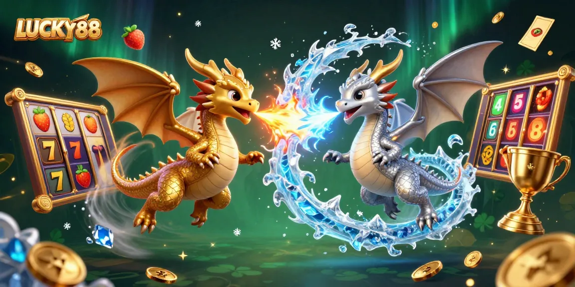 Engage with LUCKY88 in this vibrant casino scene featuring dragons and slot elements.