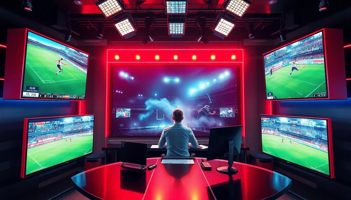 Engaging sports broadcasting studio highlighting live sports events with modern features.