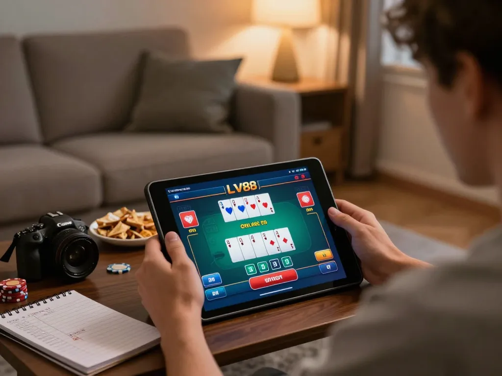 Player engaging in an online LV88 poker game on a tablet, surrounded by strategic notes and snacks, capturing the thrill of home gaming.