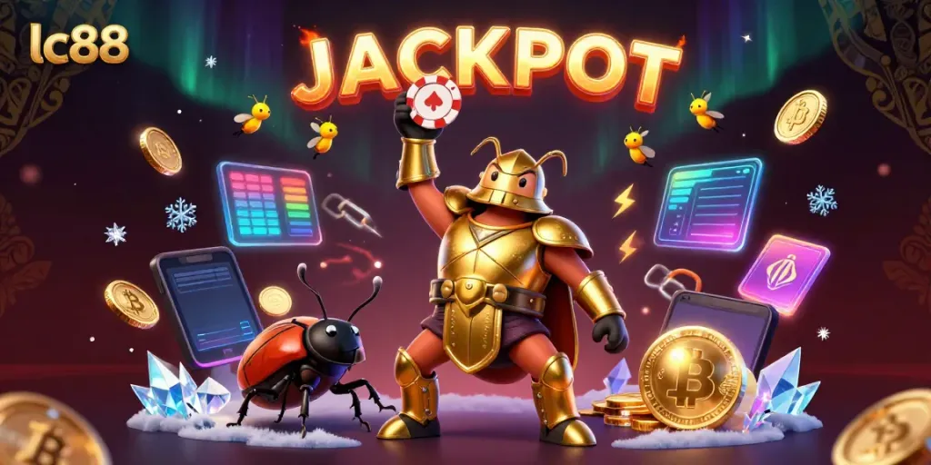 Spin the reels with lc88 in a vibrant 3D jackpot scene featuring cartoon beetles and crypto elements.