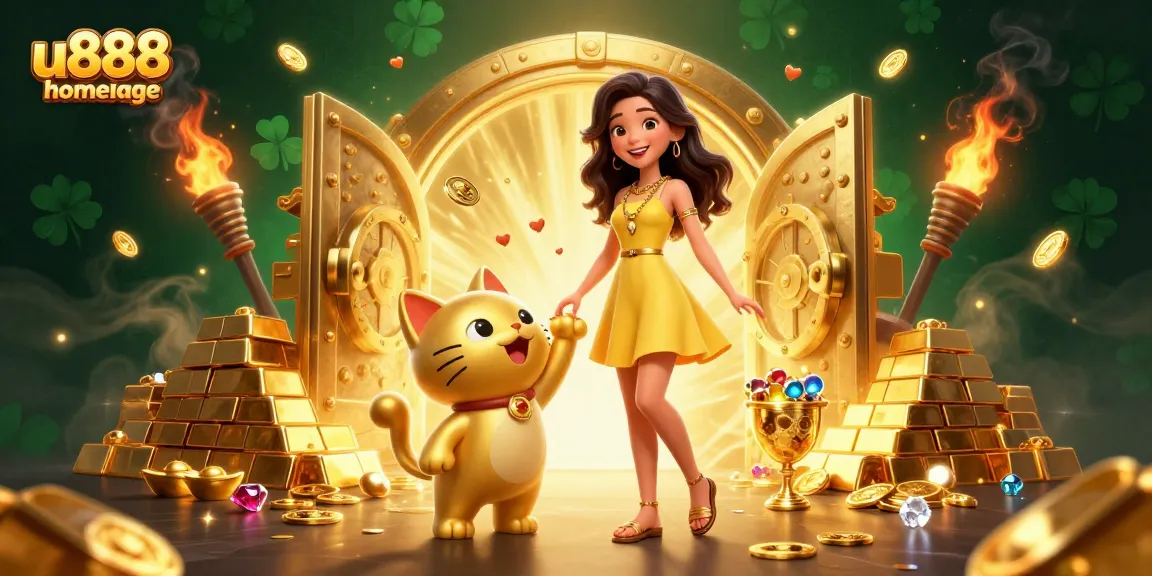Engage with u888 homepage through a vibrant casino illustration showcasing exciting games and rewards.