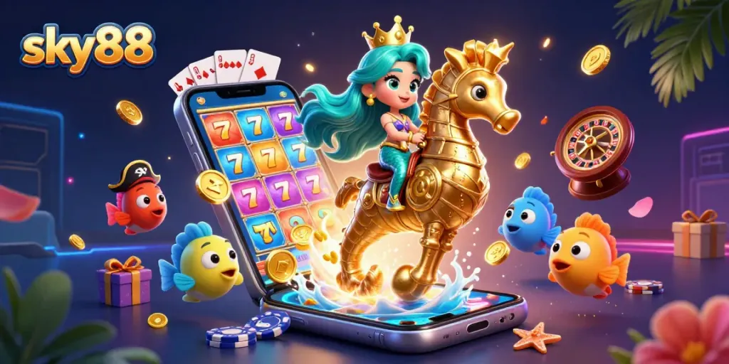 Experience thrilling gaming with sky88 as a vibrant mermaid princess navigates a dazzling underwater casino.