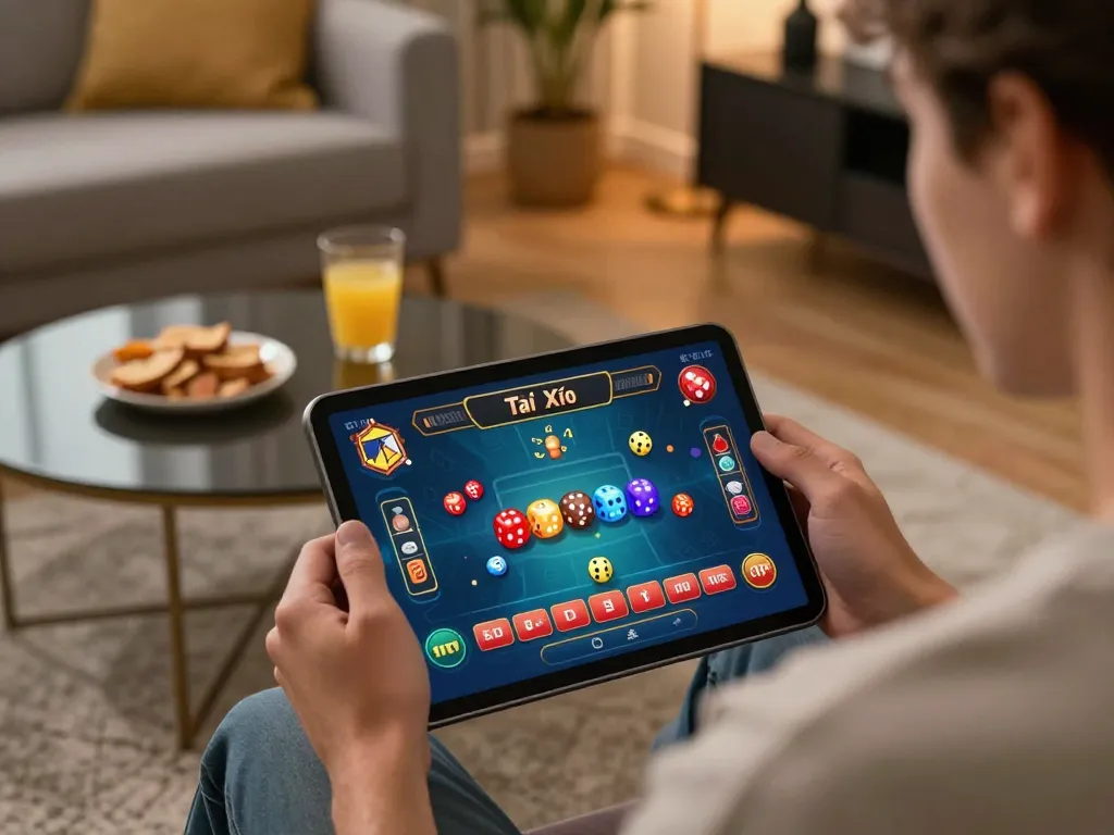 Tài Xỉu online experience on a tablet showing vibrant gameplay at taixiuonlinego in a cozy home setting.