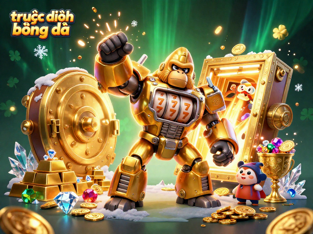 Experience trực tiếp bóng đá with a dynamic scene featuring a golden gorilla mech and treasure elements.