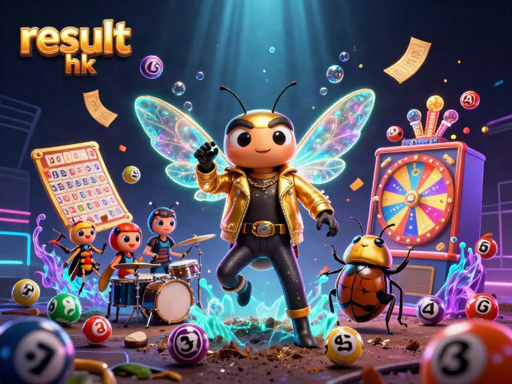 Spin and win with result hk in a vibrant casino-themed scene featuring a cicada rock star.