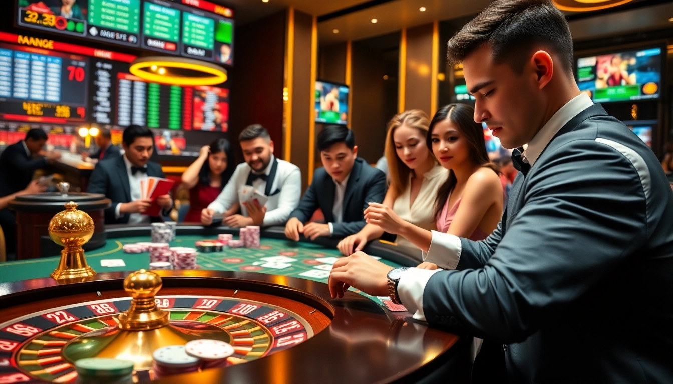 Engaging gamblers at an LV88 online casino table with vibrant chips and cards.