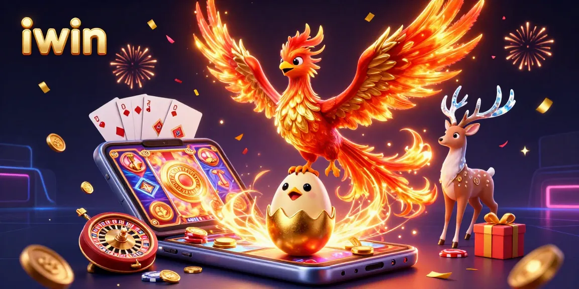 Spin and win at iwin with dynamic gaming elements surrounding a vibrant phoenix scene.