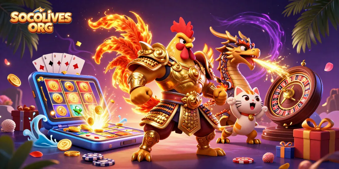 SOCOLIVES ORG showcases a vibrant 3D scene with a rooster warrior and dragon in a betting escapade.