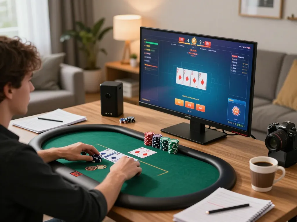 Play poker online with 789WIN on a sleek setup, showcasing gameplay and strategy notes.