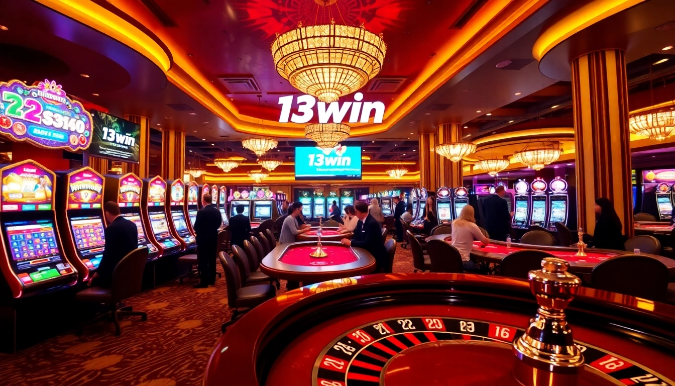 Exciting casino scene showcasing 13win with vibrant slot machines and poker tables.