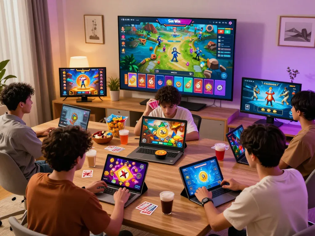 Players enjoying Sun Win's online gaming platform with vibrant graphics and engaging games in a cozy home setting.
