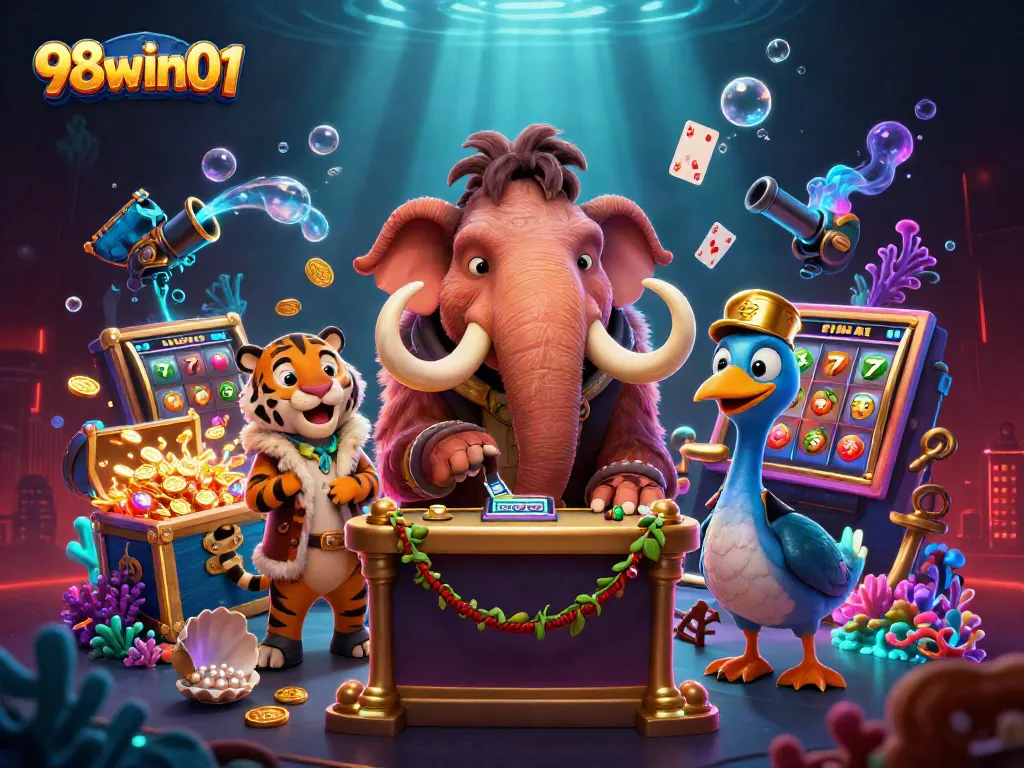 Experience the vibrant gaming scene at 98win01, with a woolly mammoth bouncer and colorful casino elements