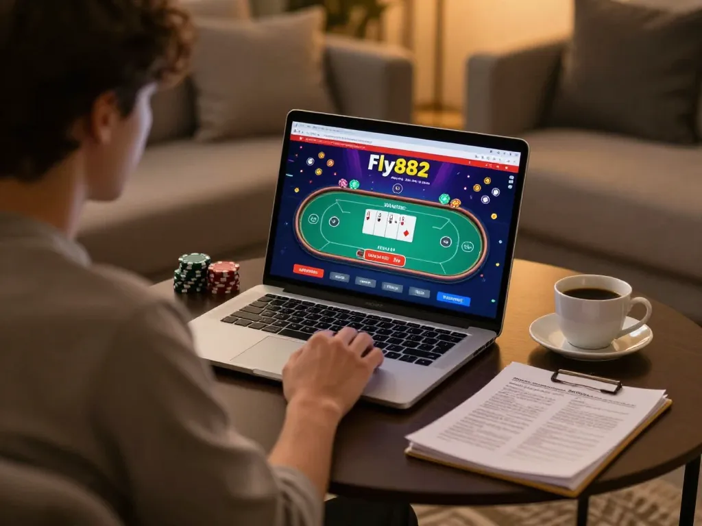 Engaging gaming on fly882 with poker interface illuminated in a cozy home