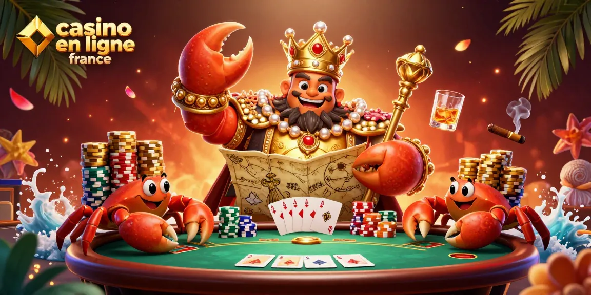 Jeu captivant et festif au casino en ligne France avec un roi crabe et des pions en or.