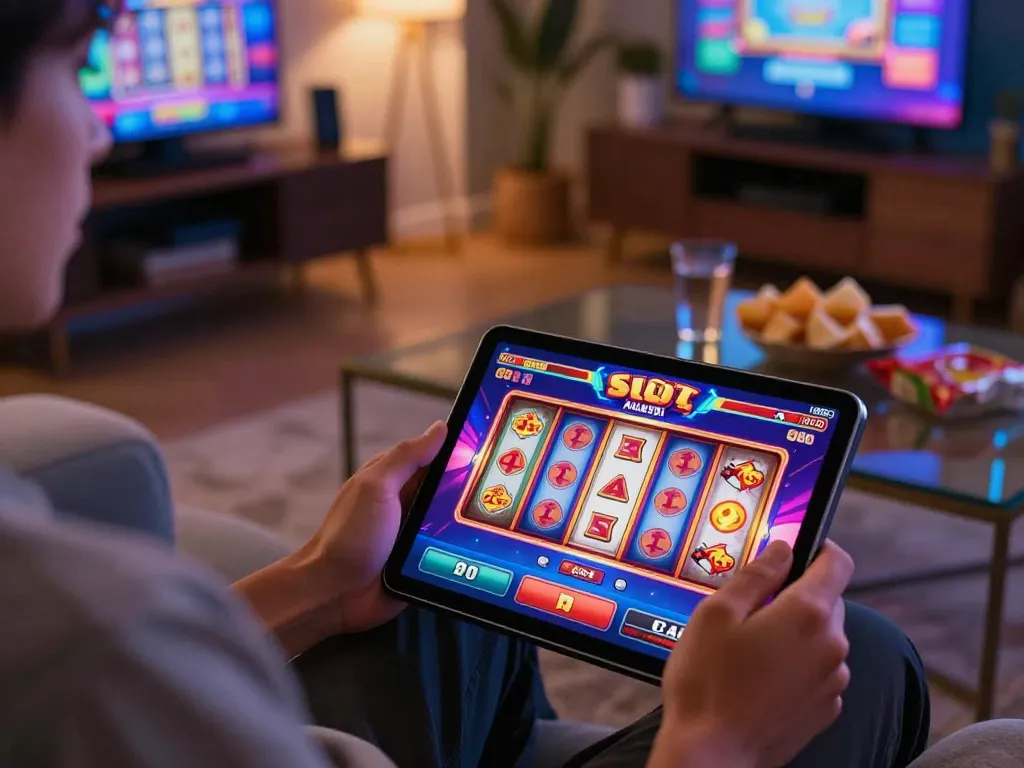 Engaging with Slot Malaysia online slot game on tablet in cozy living room atmosphere