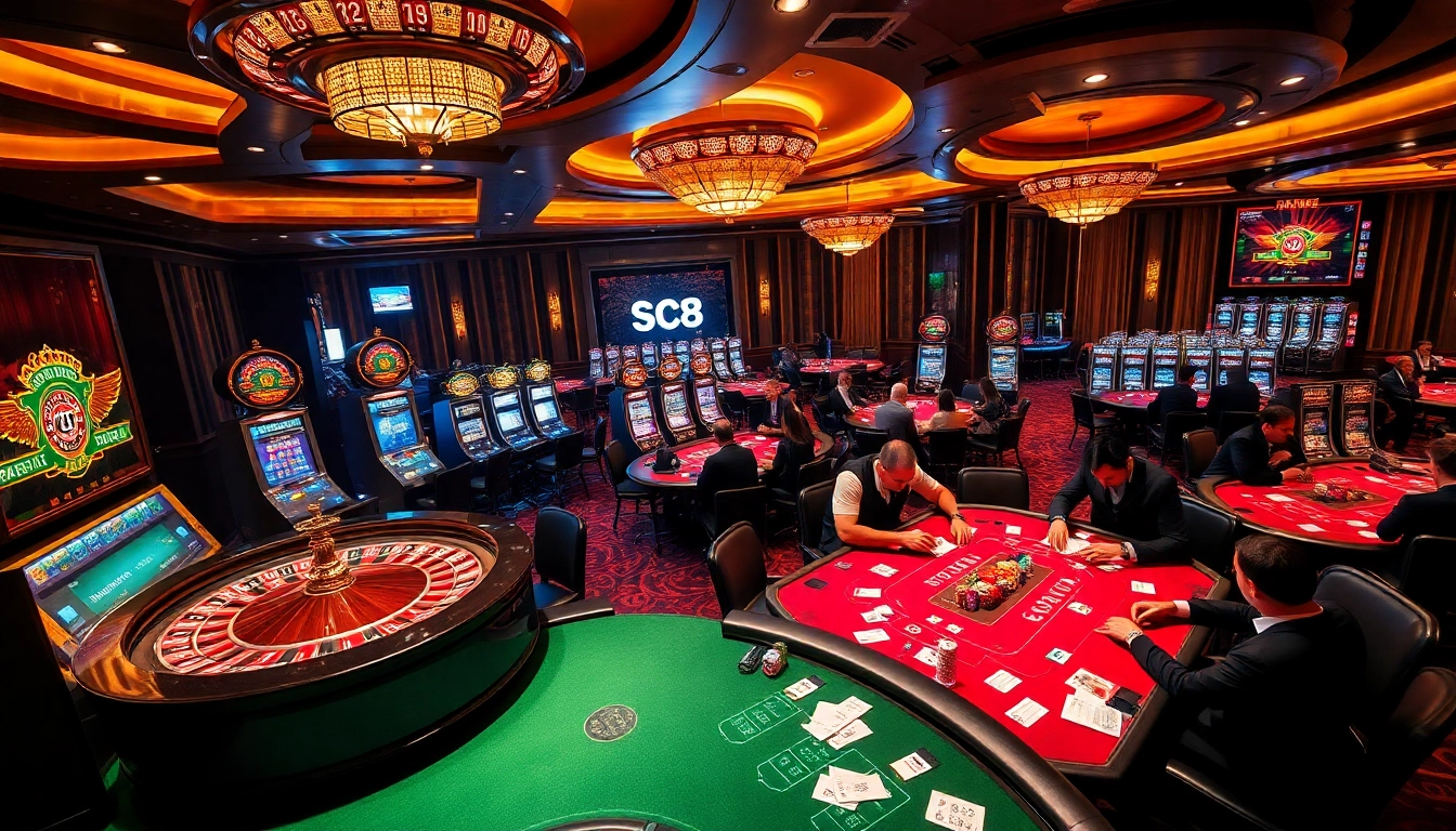 SC88 casino scene showcasing vibrant roulette wheels and poker tables filled with players.