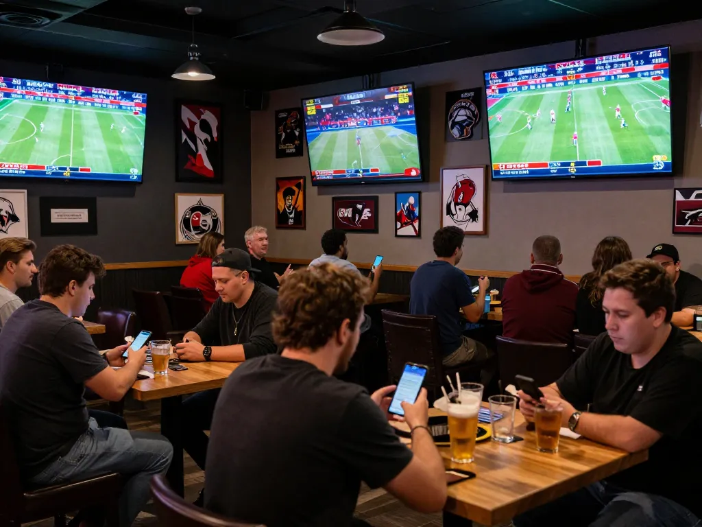 Betting on nhandinhkeo with friends in a lively sports bar, screens showing live odds