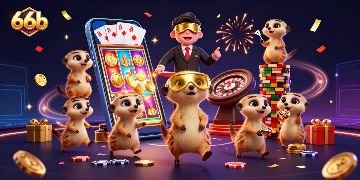 Meerkats manage a lively casino operation, showcasing exciting gaming activities with 66b branding.