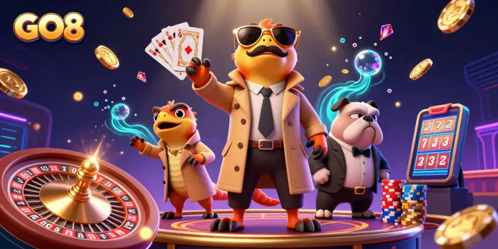 Experience GO8 with raptors in a trench coat entering a VIP casino lounge surrounded by golden treasures.