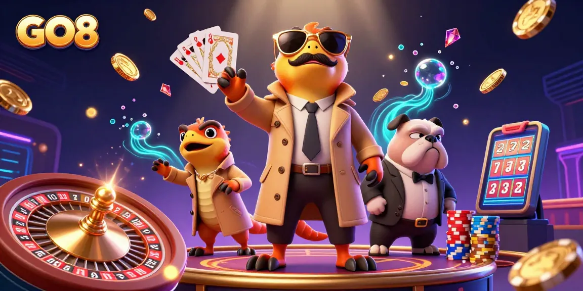 Experience GO8 with raptors in a trench coat entering a VIP casino lounge surrounded by golden treasures.