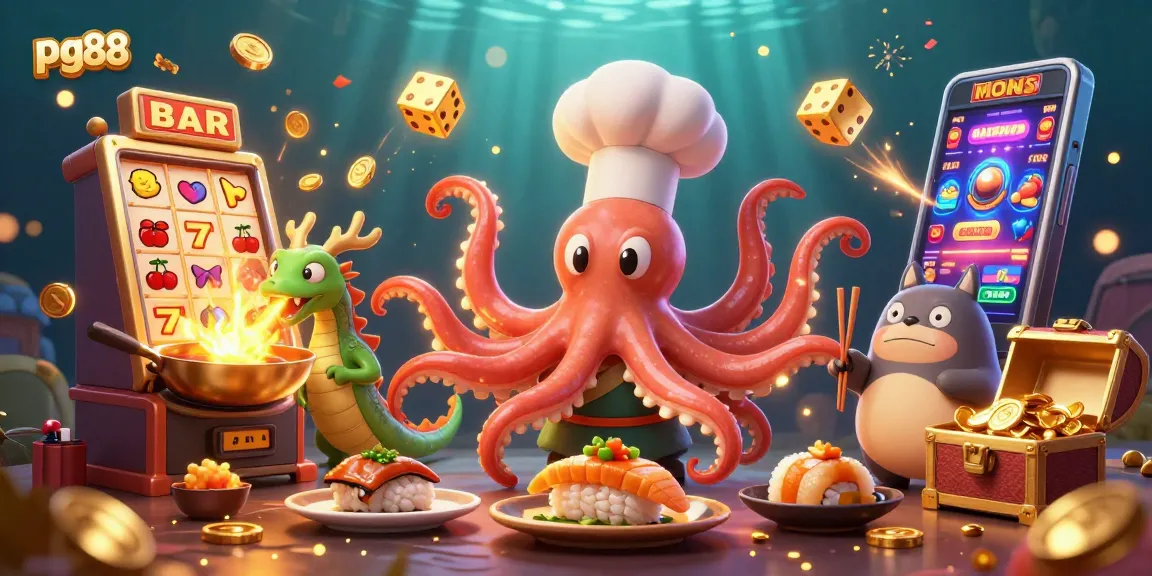 Experience exciting gaming at pg88 with a dynamic illustration of an octopus chef, dragon, and tanuki in a rich casino scene.