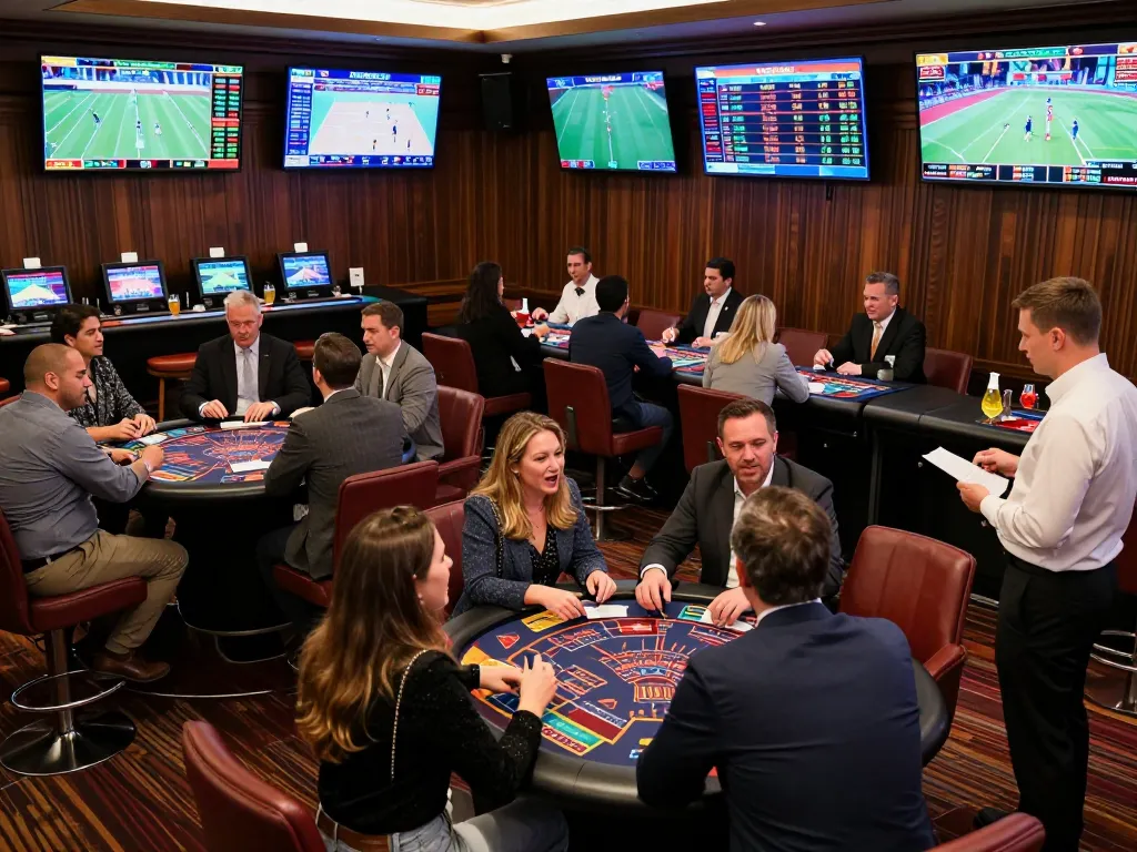 Engaging patrons placing bets at a sportsbook, showcasing the excitement of gambling with 122 live sports events displayed.