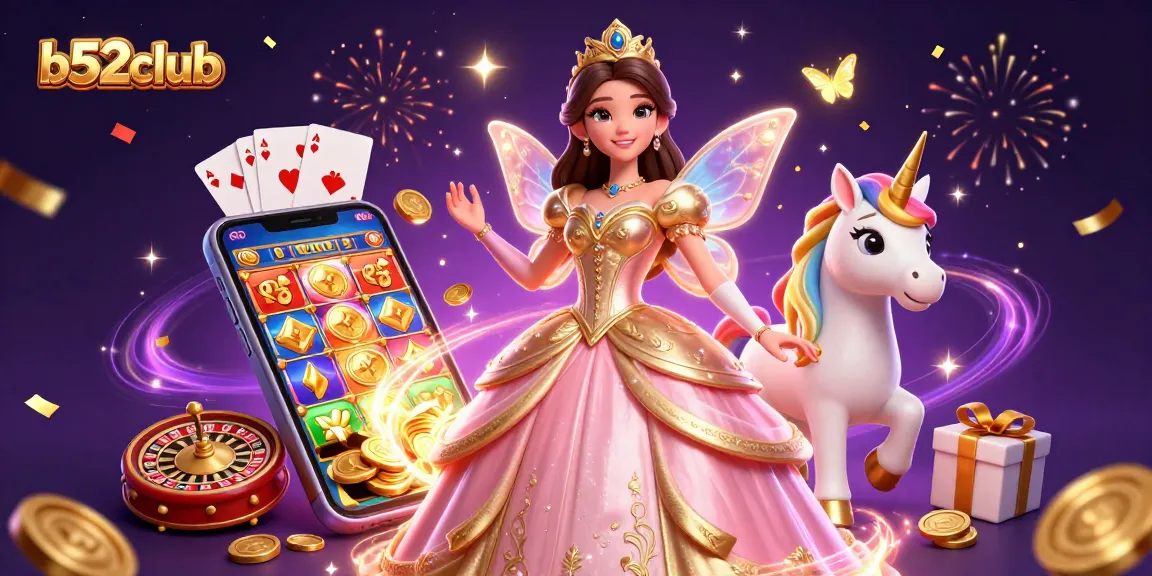 Experience exciting wins with b52club, featuring a glamorous scene of a princess and unicorn surrounded by casino elements.