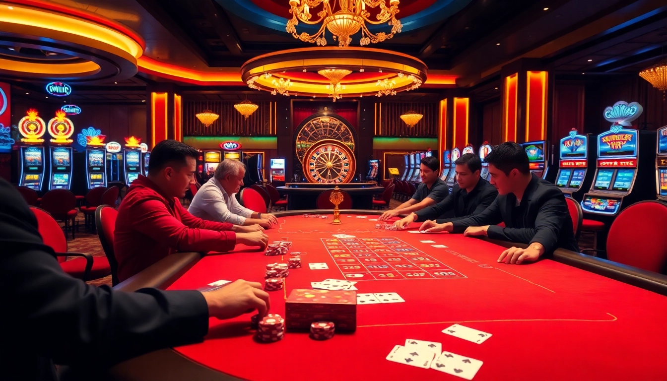 Exciting poker action at https://du88i.com/ with colorful chips and luxurious casino ambiance.
