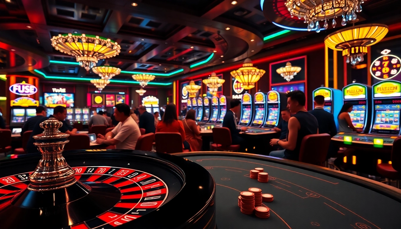 Five88 com casino scene showcasing players at a roulette table and slots for a high-stakes atmosphere.