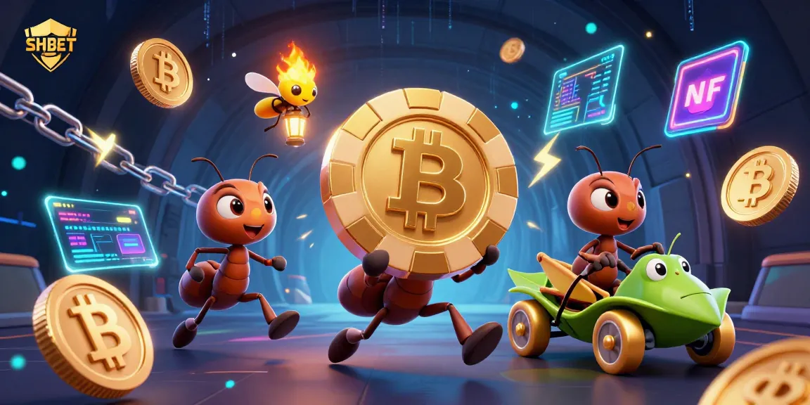 Play to win at SHBET with a dynamic heist scene featuring cartoon ants and colorful crypto elements.