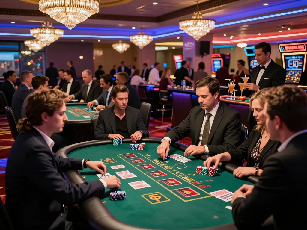 Engaged gamblers track scores on Nowgoal while placing bets at vibrant casino tables with action-packed moments.