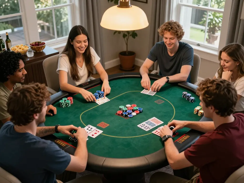 MM88 poker night with friends playing Texas Hold'em at a cozy home setup.