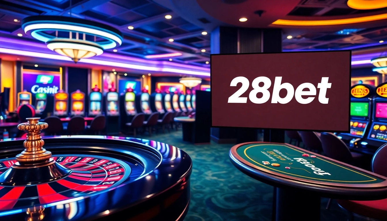 28bet casino scene showcasing vibrant roulette wheels and colorful poker tables.